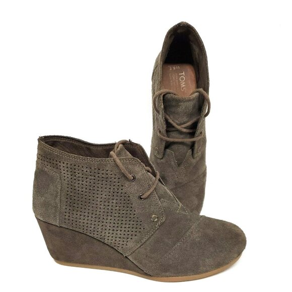 TOMS Olive Green Leather Suede Ankle Wedge Bootie Boots Women's Size 8.5 - Picture 1 of 12
